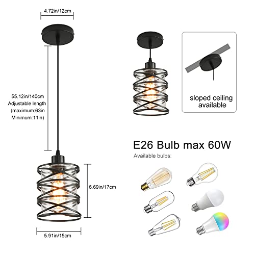 2 Pack Black Spiral Cage Pendant Lights with Clear Glass Shade (2 Count)