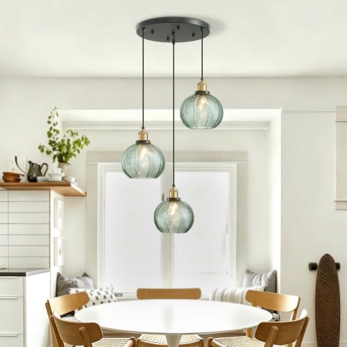 3 Light Vintage Green Striped Glass Cluster Pendant Light