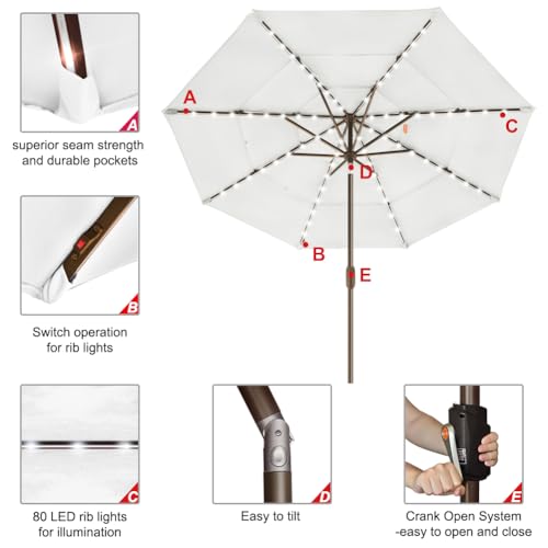 USA 10-Year-Non-Fading 9ft 3-Tier Market Patio Umbrella, Commercial Table Umbrella with 80 Solar LED Lights, Crank Open, Windproof & UPF 50+ UV Protection for Garden, Deck, Pool, Backyard, White
