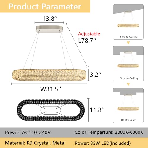 Modern Crystal LED Chandelier Dimmable Oval Chandeliers Rectangular Dining Room Light Fixture with Remote for Living Room Kitchen Island Silver