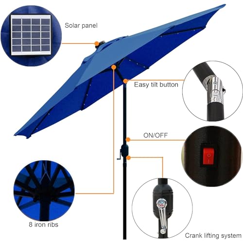 9 ft Solar Umbrella 32 LED Lighted Patio Umbrella Table Market Umbrella with Tilt and Crank Outdoor Umbrella for Garden