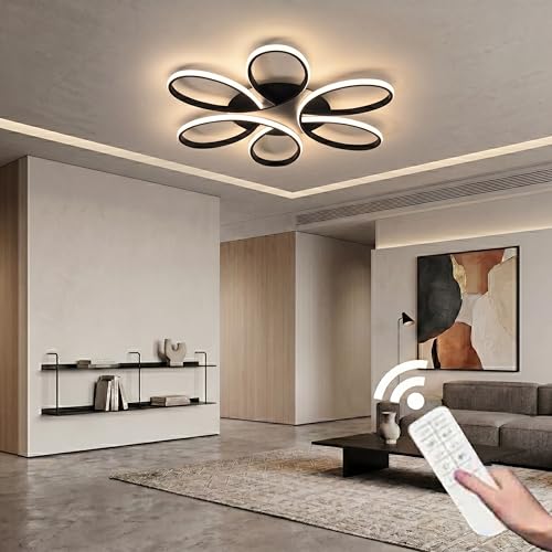 Modern LED Ceiling Light Fixture Black Flush Mount Ceiling Lamp with Remote Control Dimmable 6 Rings Flower Shaped Ideal for Living Room Bedroom Tearoom Kitchen