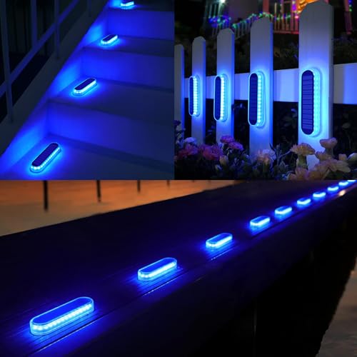 Blue Solar Lights for Outside Stick on Boat Dock Step Driveway Strip Lights Solar Powered Outdoor Waterproof Deck Stairs Post Ground Pathway Walkway Accessories Auto ON (8 Count)