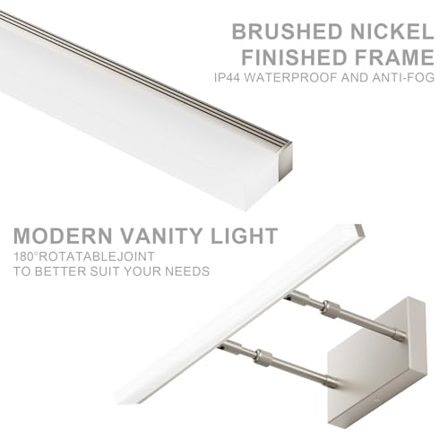 Brushed Nickel Vanity Light Adjustable 20 inch Modern LED Bathroom Light Fixtures Over Mirror Rotatable Vanity Lighting 5500K