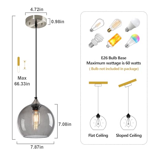 Light Grey Glass Pendant Lights Kitchen Island Lighting Globe Pendant Light Fixtures Modern Pendant Lighting for Bedroom Living Dining Room Light Fixture