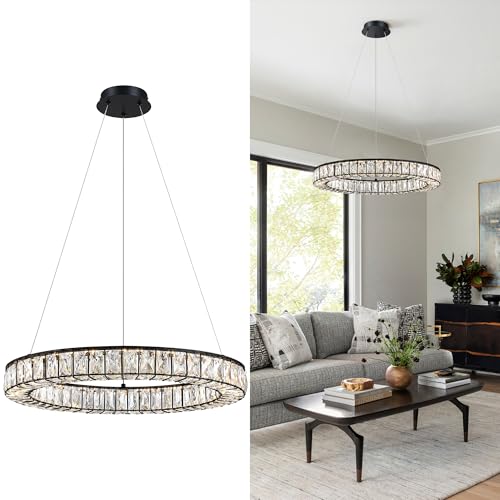 Crystal Chandeliers Modern Black LED Chandelier Adjustable LED Ceiling Light Fixtures Black Hanging Pendant Lights for Living Room Dining Room