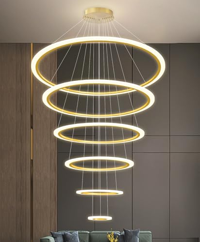 Modern LED Dimmable Chandelier 6 Ring High Ceiling Large Chandelier for Living Room Hanging Light Fixture for Foyer Staircase Gold