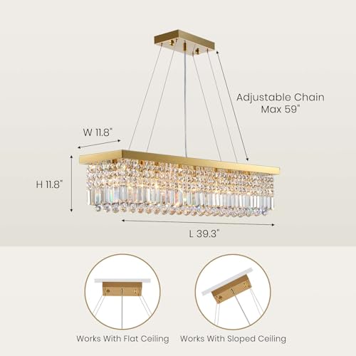 Rectangle K9 Crystal Chandelier Modern Gold Crystal Chandelier Rectangular Pendant Lighting Fixture for Dining Room Kitchen Island Bedroom L40'' x W10'' x H10''