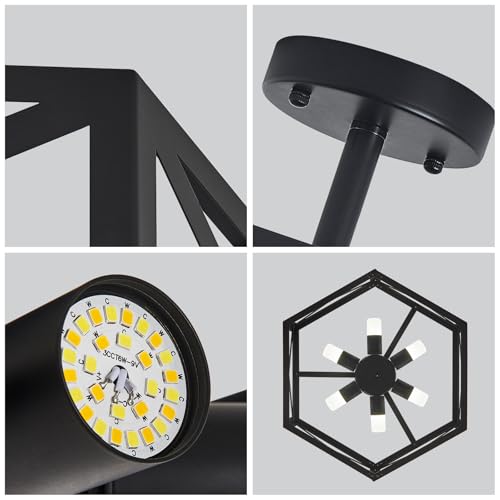 30W Semi Flush Mount Ceiling Light with Remote 19.7" Hexagon Black