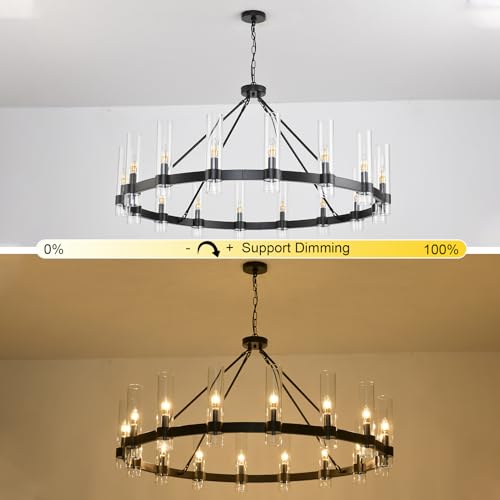 48 Inch Black Wagon Wheel Chandelier with Glass Shade