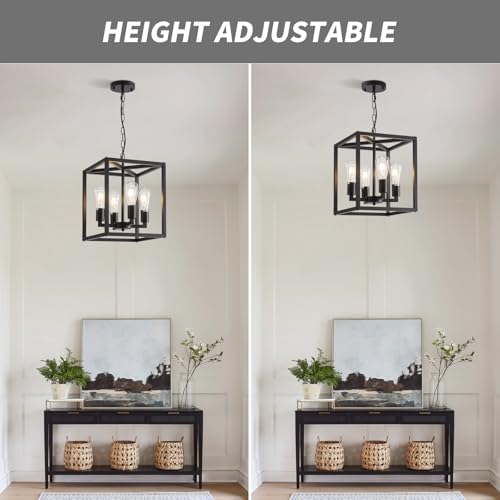 4 Light Farmhouse Chandelier Fixture Rustic Industrial Pendant Lighting Adjustable Height Metal Cage E26 Hanging Lights for Kitchen Island