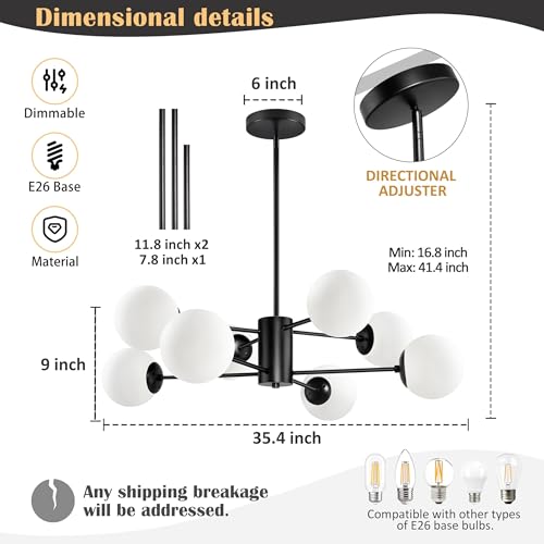 8 Light Globe Sputnik Chandelier Black Mid Century Modern Light Fixture Matte Black Finished with White Frosted Globe Glass Lampshade Sputnik Chandeliers for Dining Room Bedroom Kitchen Island (8 Count)