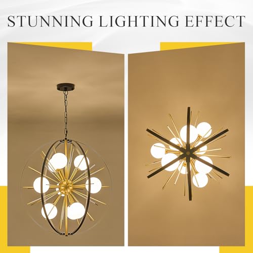 24" 9 Light Black Gold Sputnik Chandelier with Milk Glass Shade