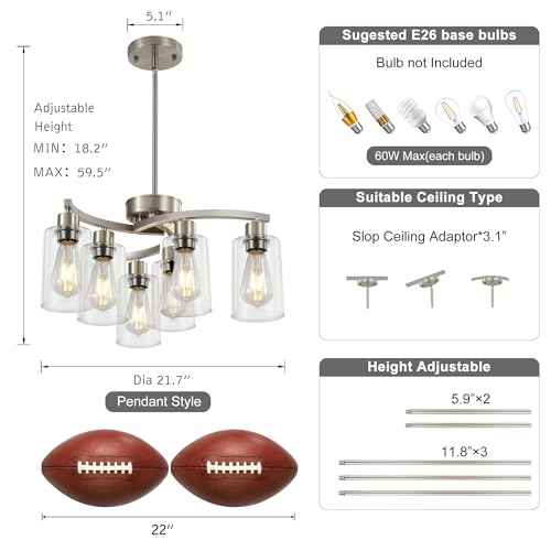 Sigaitwei 6 Light Farmhouse Brushed Nickel Chandelier,21.7" Modern Chandeliers for Dining Room Light Fixtures Over Table,Pendant Lights Kitchen Island,Metal Bracket with Downward Clear Glass Shade