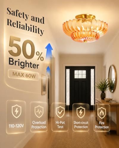 Semi Flush Mount Ceiling Light Fixture 11.8" Vinatge Gold Ceiling Lights Mid Century Modern Orange Glass Close to Ceiling Lighting Fixtures for Bedroom Hallway Foyer Bathroom Kitchen Entryway