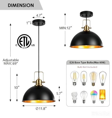 Black and Gold Farmhouse Dome Pendant Lights