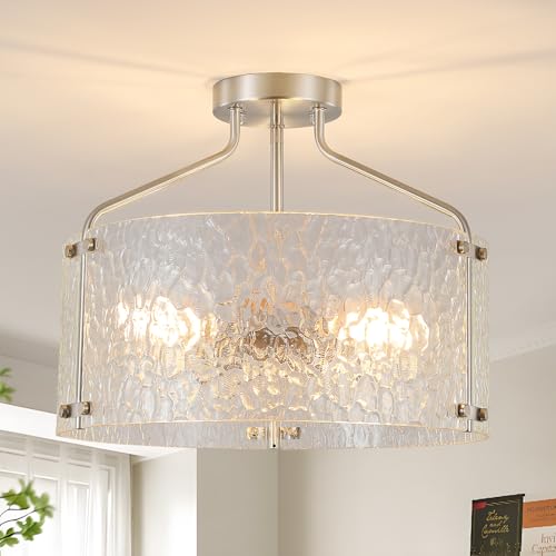 Semi Flush Mount Ceiling Light Fixture Glass Drum Chandelier Entryway Light Fixture 16''Brushed Nickel Flush Mount Ceiling Lights 3