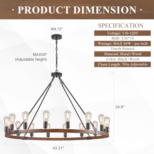 Farmhouse Wood Wagon Wheel Chandelier 16
