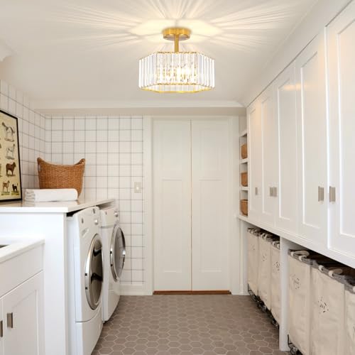 3 Light Crystal Semi Flush Mount Ceiling Light Gold Hallway Light Fixture
