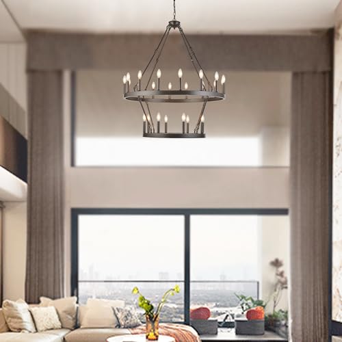 Large Chandeliers for High Ceilings Wagon Wheel Chandelier Kitchen Table Lighting 2 Tier 24 Lights Oil Rubbed Bronze Rustic Farmhouse 39.3 Inch for Dining Room Kitchen Island