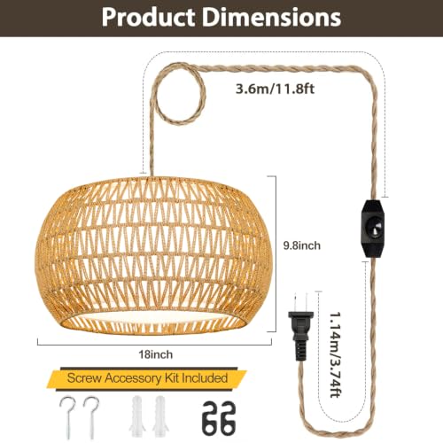 Large Plug in Pendant Light Boho Hanging Lights with Plug in Cord (yellow-Drum shape / 16.8)