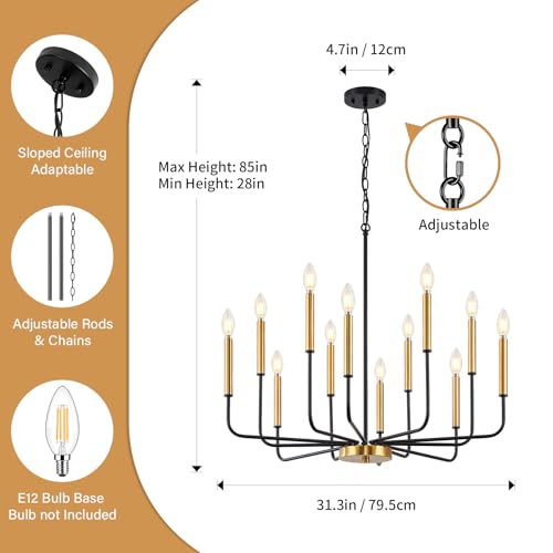 12 Light Black and Gold Dining Room Chandelier Light Fixture