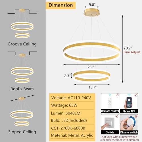 D15.7''+23.6'' Modern Ring Chandelier for Dining Room LED Dimmable Pendant Lighting for Living Room Foyer Bedroom Entryway 3000K