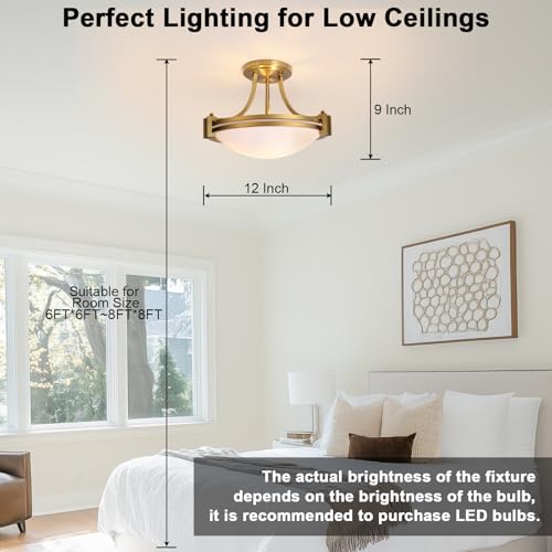 Semi Flush Mount Ceiling Light Fixture 12 inch Brushed Gold Light Fixture with Milk Glass for Bedroom Kitchen Bathroom Hallway Foyer Dinning Room Hall Entryway ETL Certified (2 Count)