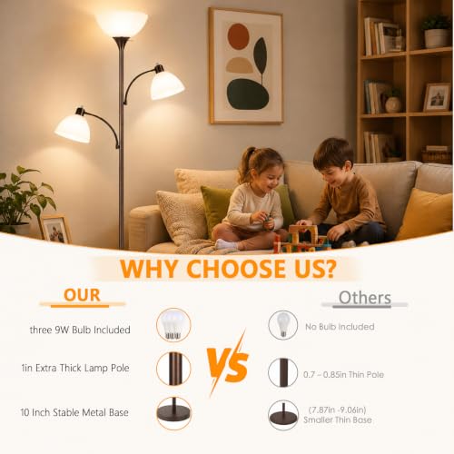 3 Head Torchiere Floor Lamps with 2 Reading Lamp for Living Room (Brown)