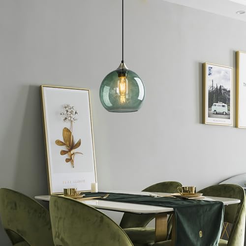 Gray Green Glass Pendant Lights Kitchen Island Lighting Globe Pendant Light Fixtures Modern Pendant Lighting for Kitchen Island Bedroom Living Dining Room Light Fixture (3 Count)