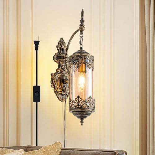 Rustic Gothic Plug in Wall Sconce with Amber Glass