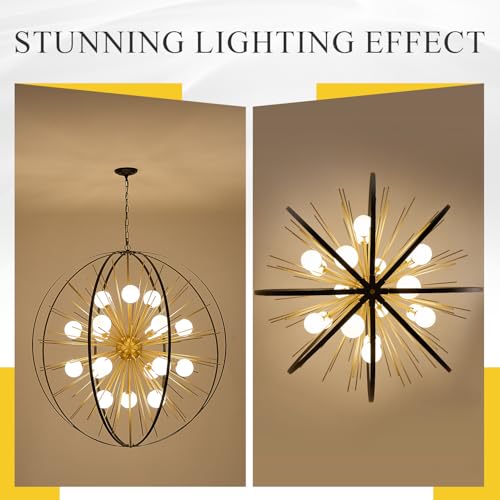 43.2" 18 Light Black Gold Sputnik Chandelier with Milk Glass Shade