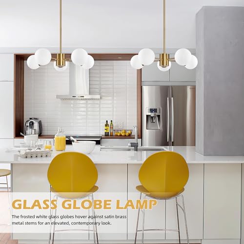 5 Light Globe Sputnik Chandelier Mid Century Sputnik Chandeliers Modern Gold Globe Pendant Light Brushed Brass Finished with White Frosted Glass Lampshade for Dining Room Bedroom Kitchen
