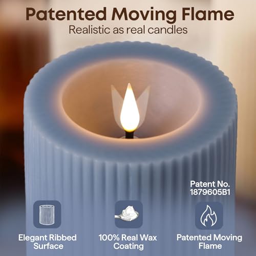 Dusty Blue Ribbed Moving Flame LED Pillar Candles with Remote (Dusty Blue)