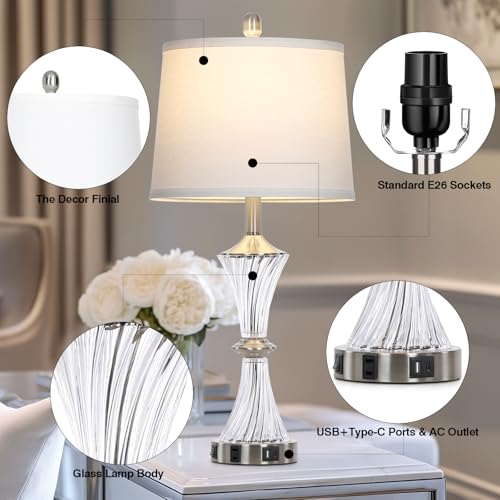 Crystal Glass Table Lamp with USB C+A Ports & AC Outlet