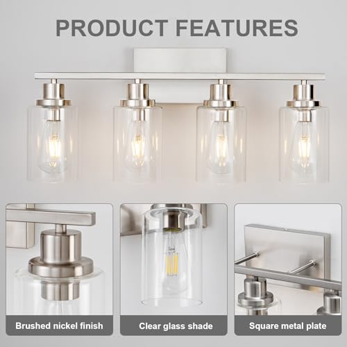 4 Light Bathroom Light Fixtures Brushed Nickel Vanity Light Over Mirror Modern Farmhouse Wall Lighting Sconces Wall Lamp for Bathroom