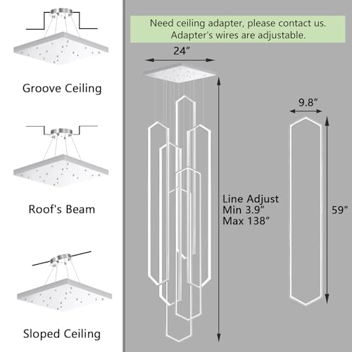 6 Rings Silver Modern Long Large Chandelier Dimmable LED High Ceiling Chandelier for Living Room Foyer Staircase Enterway Hanging Light Fixture Modern Ceiling Light