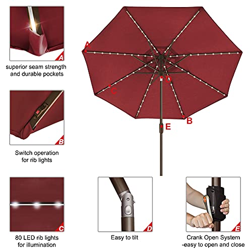 USA 10-Year-Non-Fading 9ft Market Patio Umbrella, Commercial Grade Table Sun Umbrella with 80 Solar LED Lights, Crank Open, Windproof & UPF 50+ UV Protection for Garden, Deck, Pool, Backyard, Burgundy