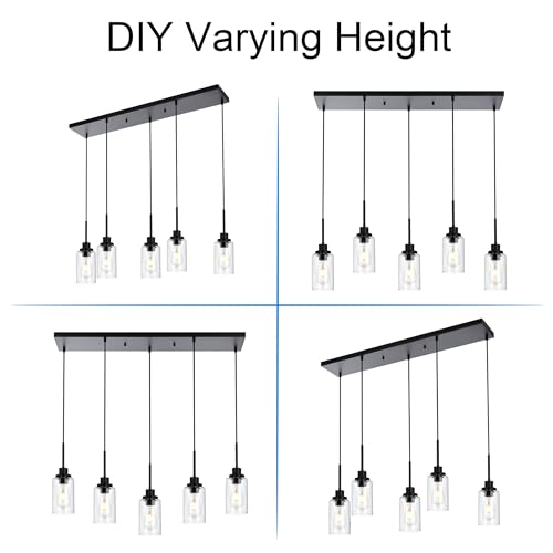 5 Light Black Pendant Lights for Kitchen Island with Clear Glass