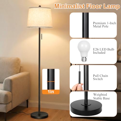 Upgraded】 Modern Black Floor Lamp 63in Standing Lamp for Living Room Bedroom Office 3 Way Brightness Dimmable Tall Pole Light with Beige Linen Shade Metal Shade 8W 3000K LED Bulb Included