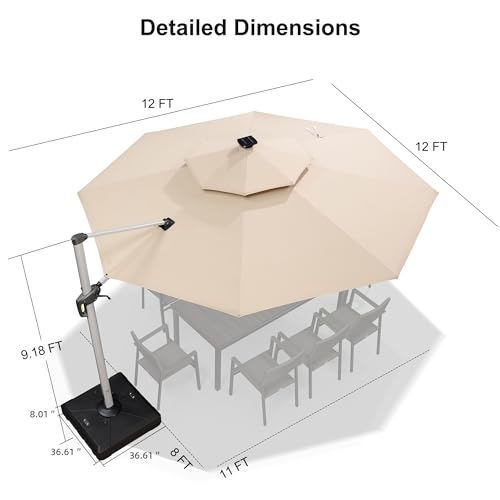Patio Umbrella with Base 12ft Solar LED Light Double Top
