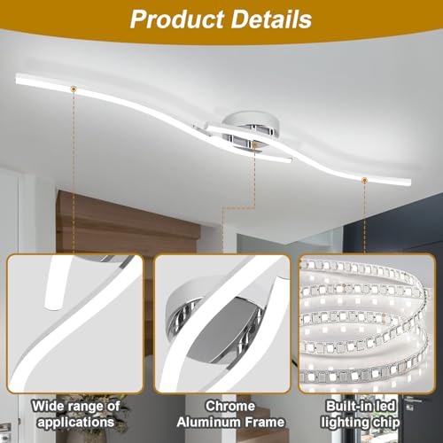 39.37Inch Linear Ceiling Light 6000K Chrome Modern Ceiling Light Fixture 28W Long Flush Mount Ceiling Lamp for Hallway