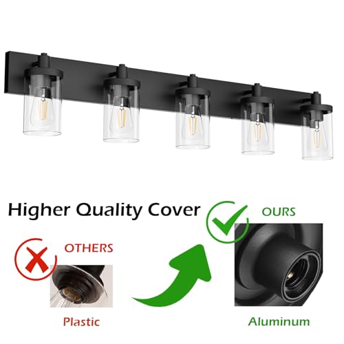 Matte Black Bathroom Vanity Light Fixtures 5 Lights Industrial Lighting Fixtures Over Mirror with Clear Glass Shade