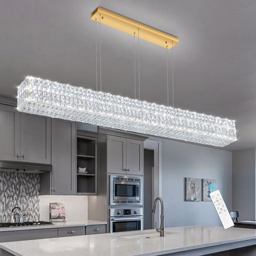 Rectangular Crystal Chandelier Dimmable LED Linear Chandeliers for Dining Room Remote Ceiling Pendants Light Fixture for Kitchen Island Gold