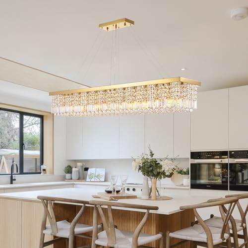 Large Rectangular Gold Crystal Chandelier for Dining Room