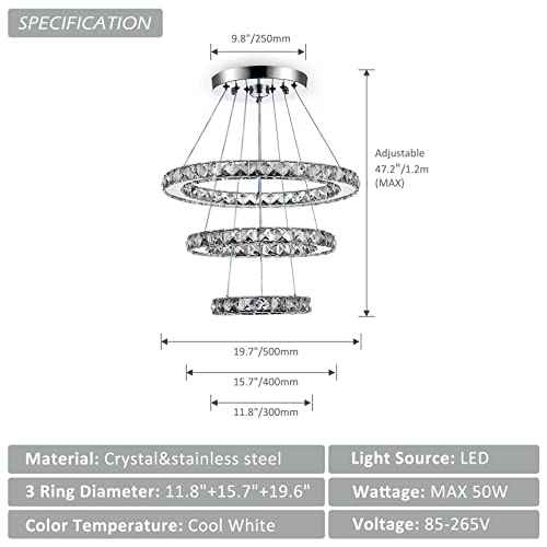 CLAIRDAI 3-Ring Adjustable Crystal Chandelier, Cool White LED | Modern stainless steel LED pendant light fixture for dining room, bedroom, living room, hallway