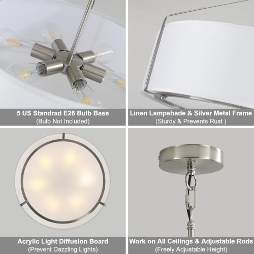 23Inch Drum Chandelier Large Nickel & White Pendant Lights for Dining Room