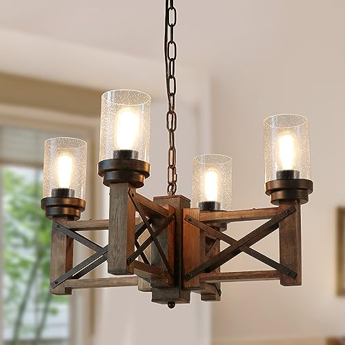 Wood Farmhouse Rustic Chandelier 4 Lights with Glass Shades