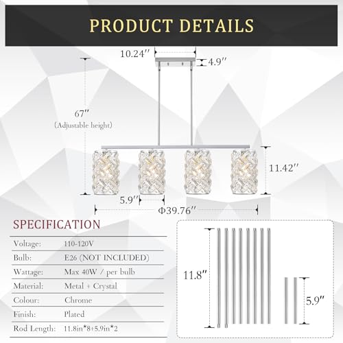 40" Chrome Crystal Linear Chandelier