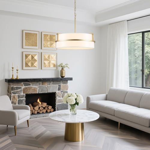 19.7" Modern Drum Pendant Light Gold Chandeliers with White Linen Shade